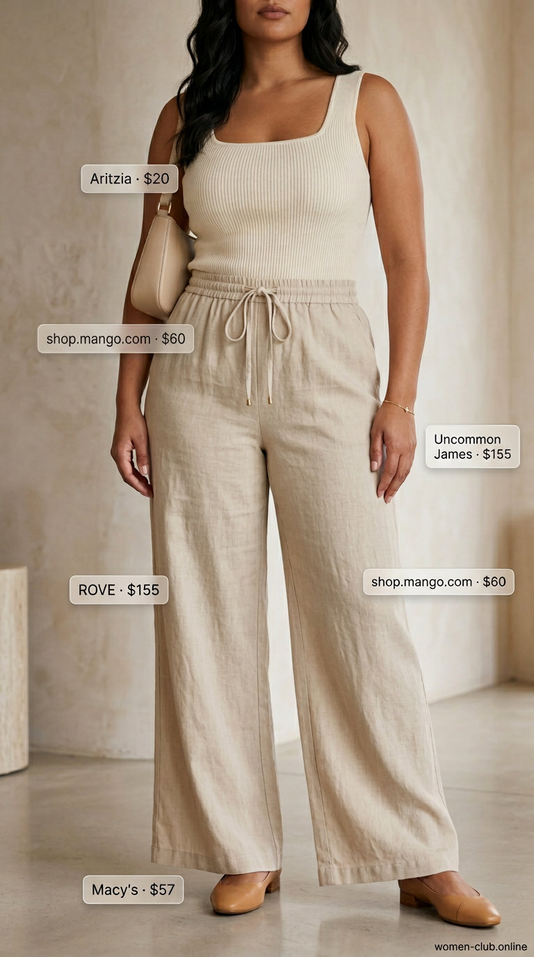 Smart Casual Linen Outfits for Women Over 30 2026 Camel linen wide-leg pants with cream knit top for women over 30 summer outfits 2026.