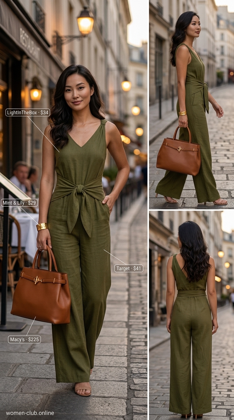 Polished Linen Jumpsuit Summer Outfits for Women Over 30 2026 Olive green linen jumpsuit with nude heels for women over 30 summer outfits 2026.