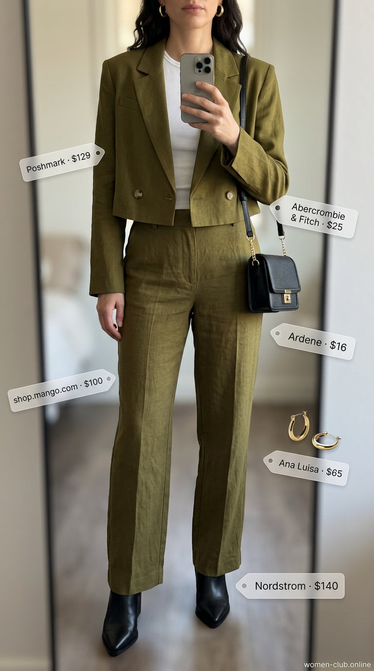 Olive green linen blazer matching set for women 2026 with white tank and black boots. Sophisticated city explorer style.