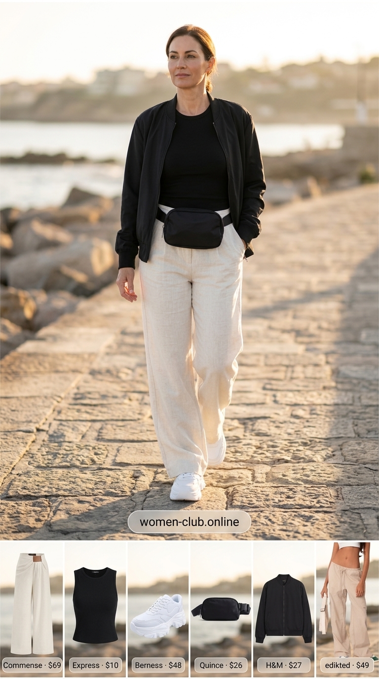 Stone beige linen cargo pants matching set for women 2026 with black bomber jacket and white sneakers. Casual day out style.