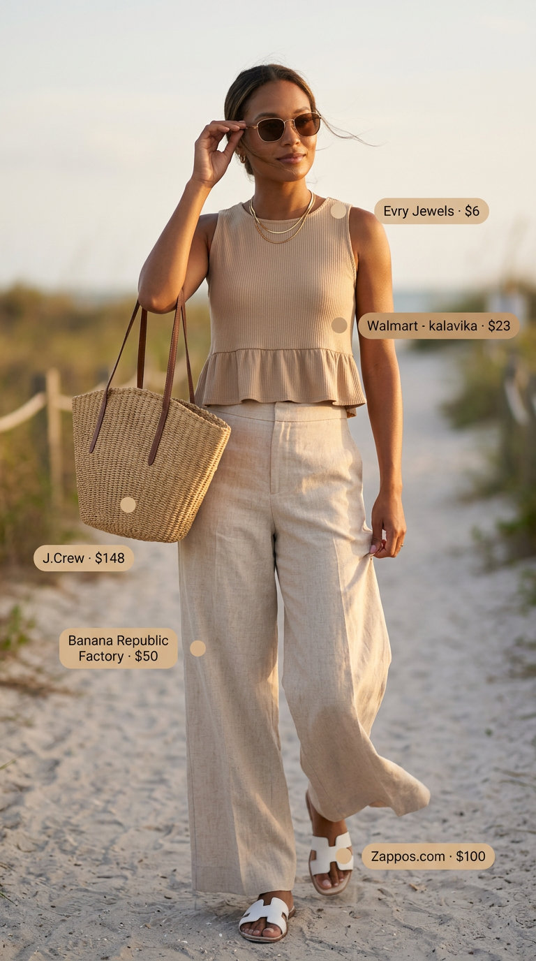 Coastal Breeze linen pants matching set for women 2026 in cream and natural beige, perfect for casual days or beach vacations.