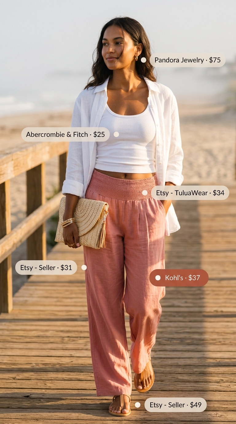 Coral pink linen pants for women 2026, paired with a white tank and sandals for a breezy casual outing.