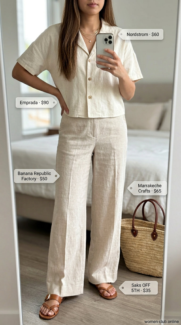 Cream beige linen matching set for women 2026, with wide-leg pants and a relaxed shirt for beach days and vacation.