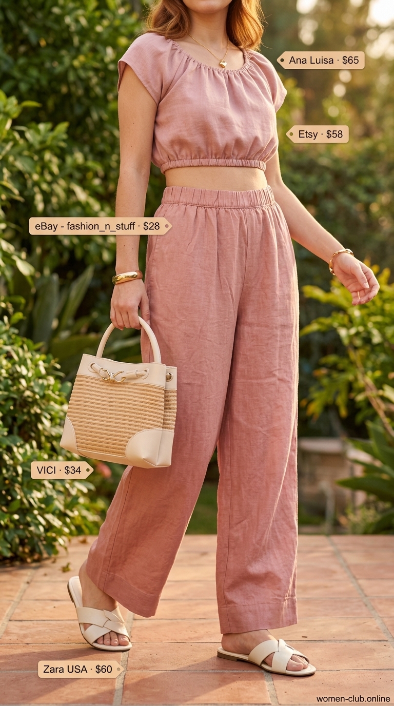 Dusty rose linen pants matching set for women 2026, ideal for weekend brunch or resort wear. Effortless and chic.
