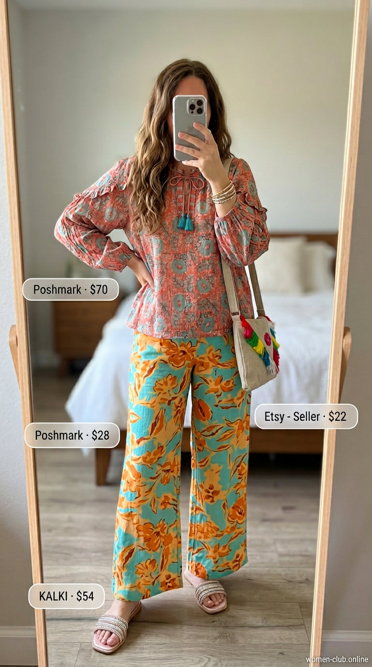 Floral linen pants matching set for women 2026 with peasant blouse and embellished sandals. Boho beach brunch style.