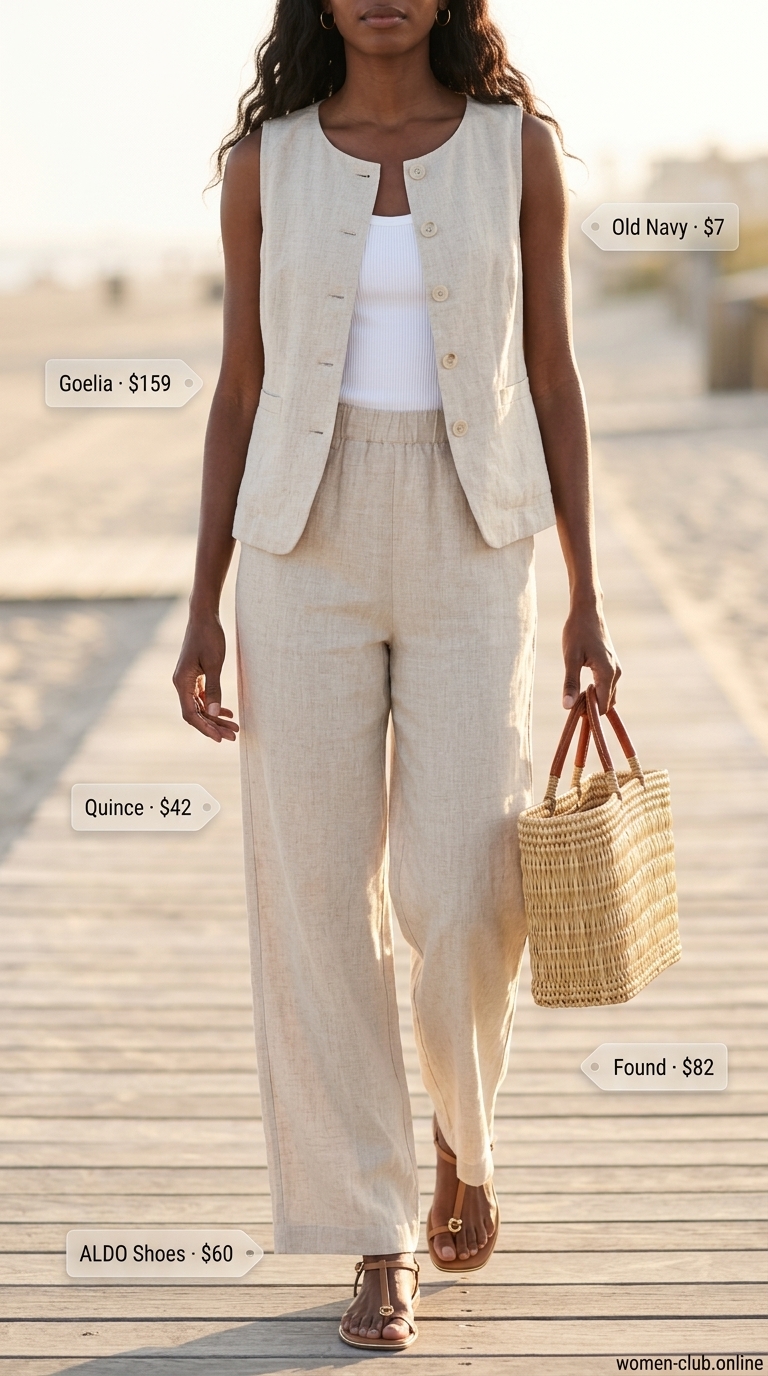 Light beige linen pants matching set for women 2026, styled with a white tank and flat sandals for casual beach days.