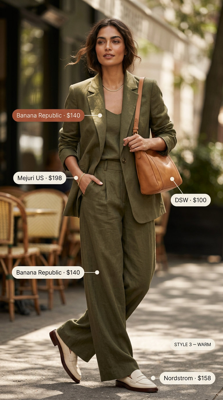 Olive green linen matching set for women 2026, featuring wide-leg pants and a button-down shirt for smart casual occasions.
