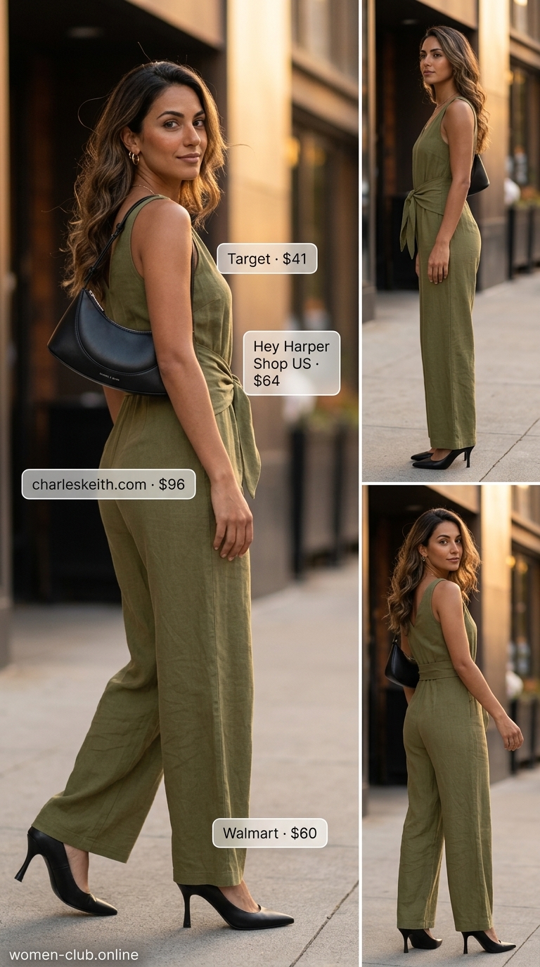 Olive green linen blend jumpsuit for women 2026, perfect for summer evenings and cocktails. Sophisticated and chic.