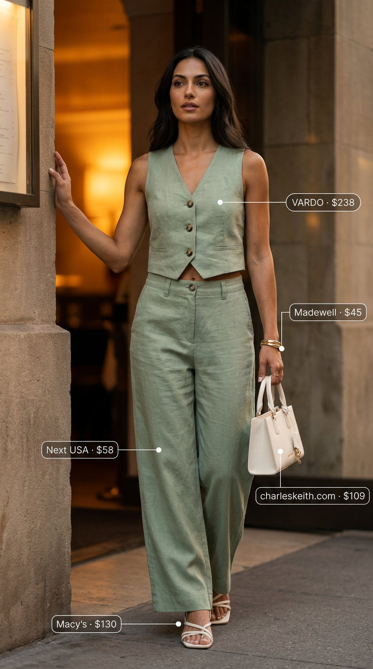 Sage green linen matching set for women 2026, with wide-leg pants and a sleeveless tank for sophisticated evening wear.