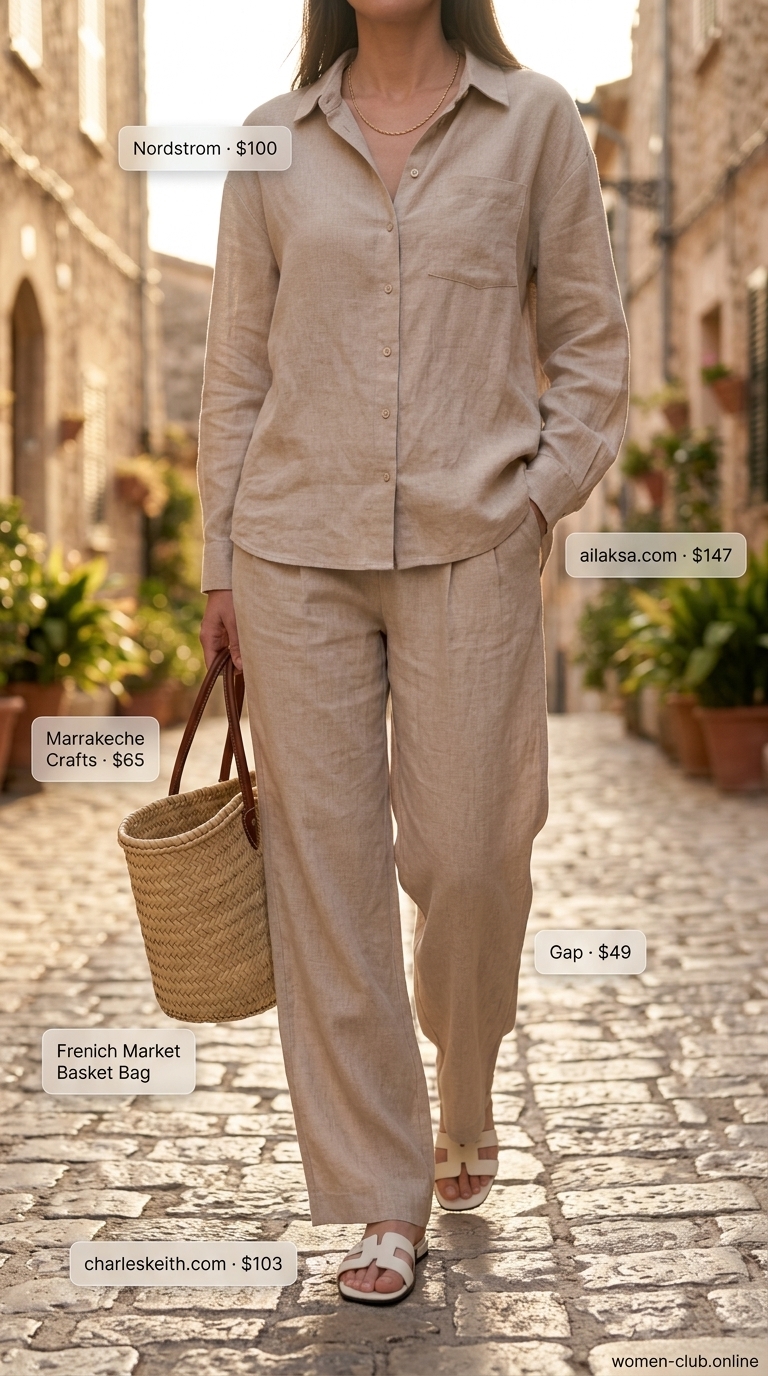 Sand beige linen pants matching set for women 2026, featuring a relaxed fit shirt and wide-leg pants for beach vacations.