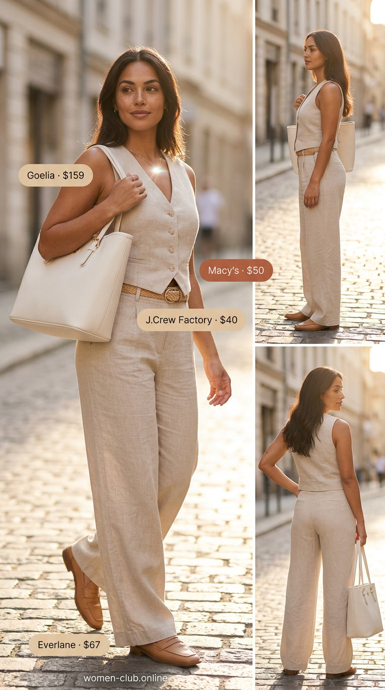 Khaki linen shirt dress matching set for women 2026 with tan loafers and belt. Classic casual work outfit.