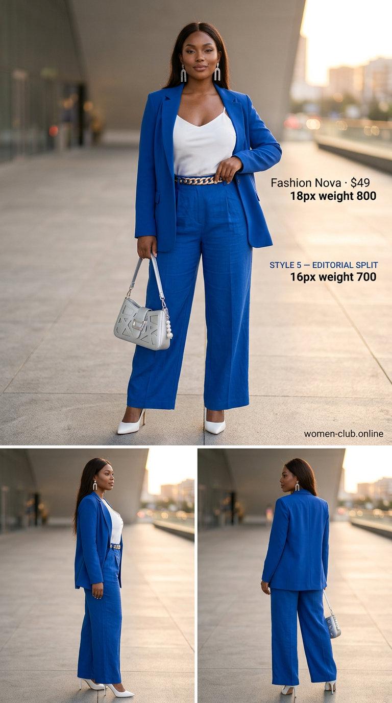 Cobalt blue linen suit matching set for women 2026 with white camisole and silver bag. Bold fashion-forward look.