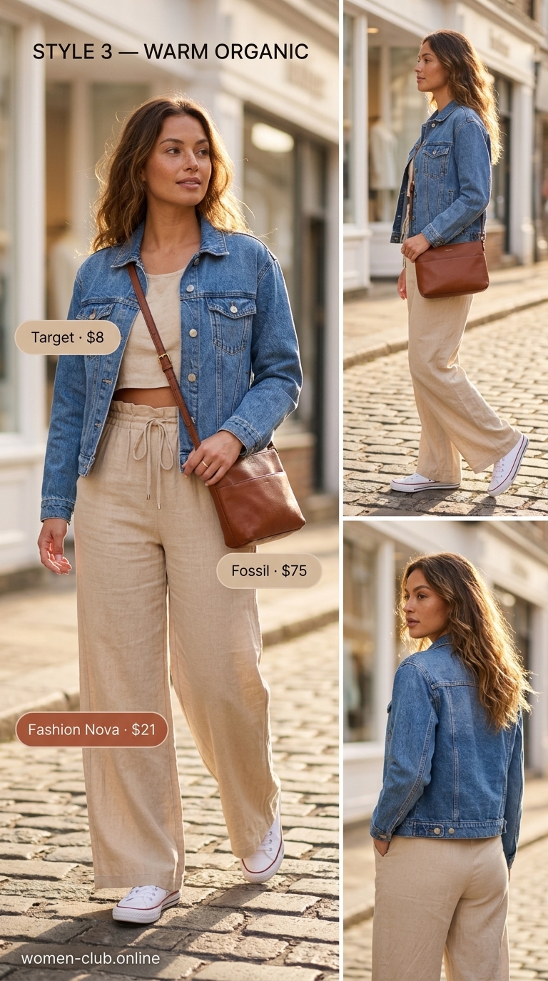 Natural tan linen trousers for women 2026, styled for a casual weekend with a ribbed tank, denim jacket, and sneakers.
