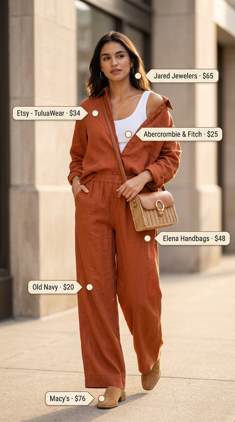 Terracotta orange linen wide-leg pants for women 2026, styled casually with a white tank, leather mules, and straw bag.