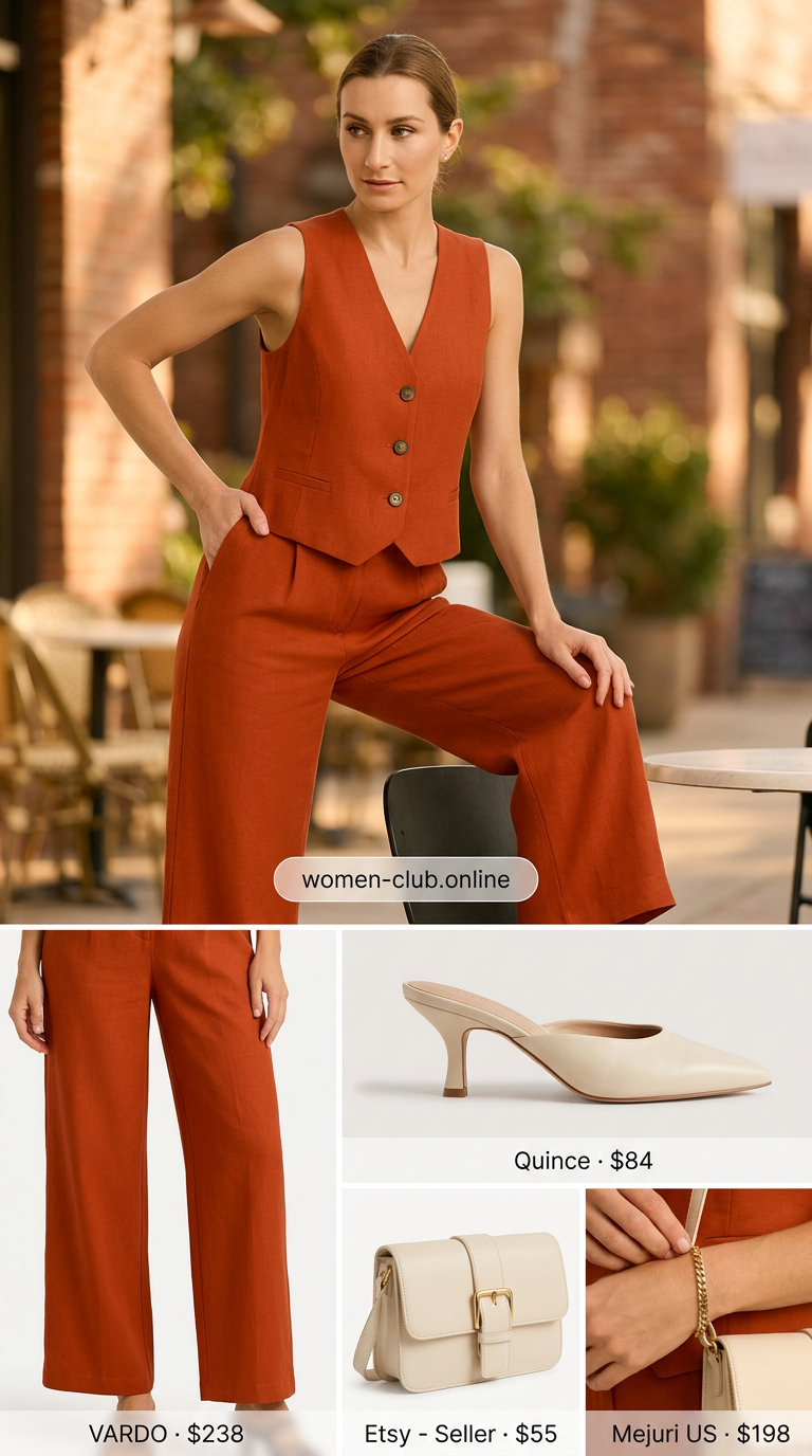 Terracotta linen vest matching set for women 2026 with cream mules and crossbody bag. Chic modern day out style.