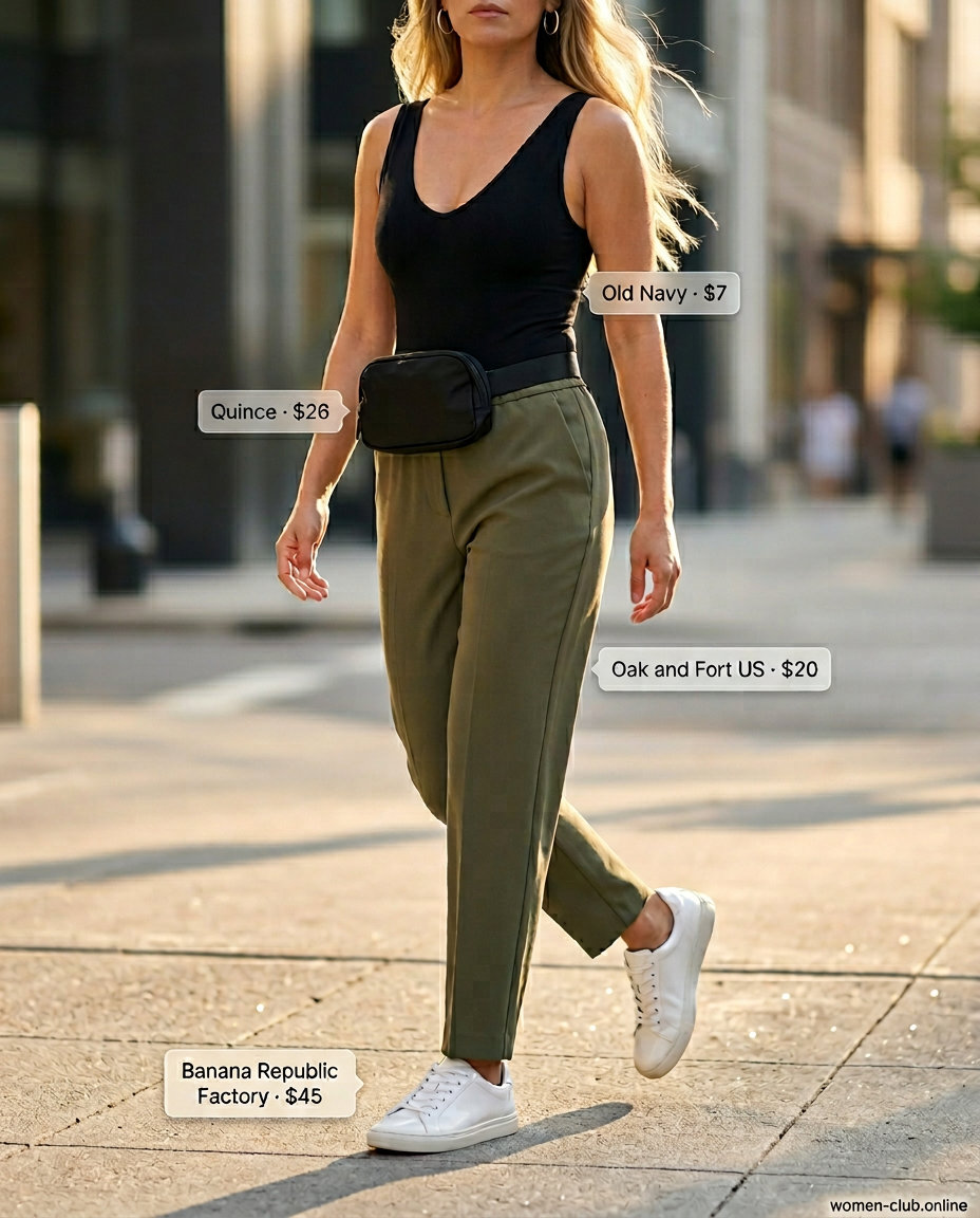 Athleisure outfits 2026: Olive green knit trousers, black bodysuit, white sneakers, and belt bag for travel.