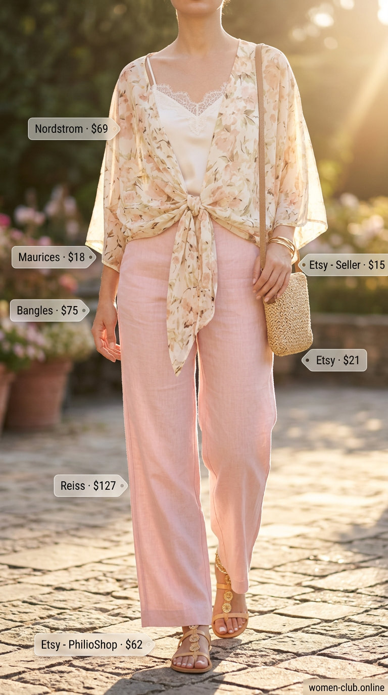 Modern bohemian summer outfit: blush pink linen trousers, floral kimono, lace camisole, and embellished sandals.