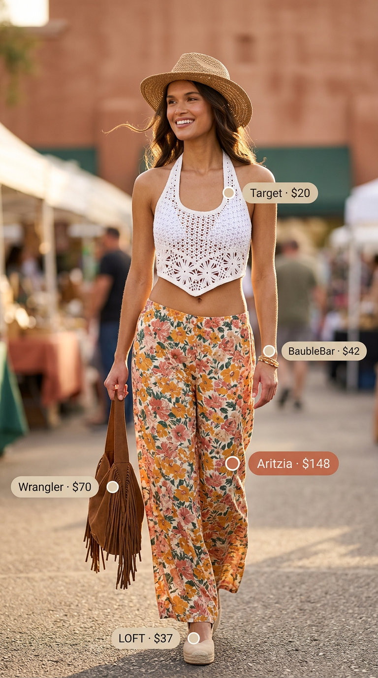 Boho summer dream outfit: floral print trousers, crochet halter top, espadrilles, and fringed crossbody bag.