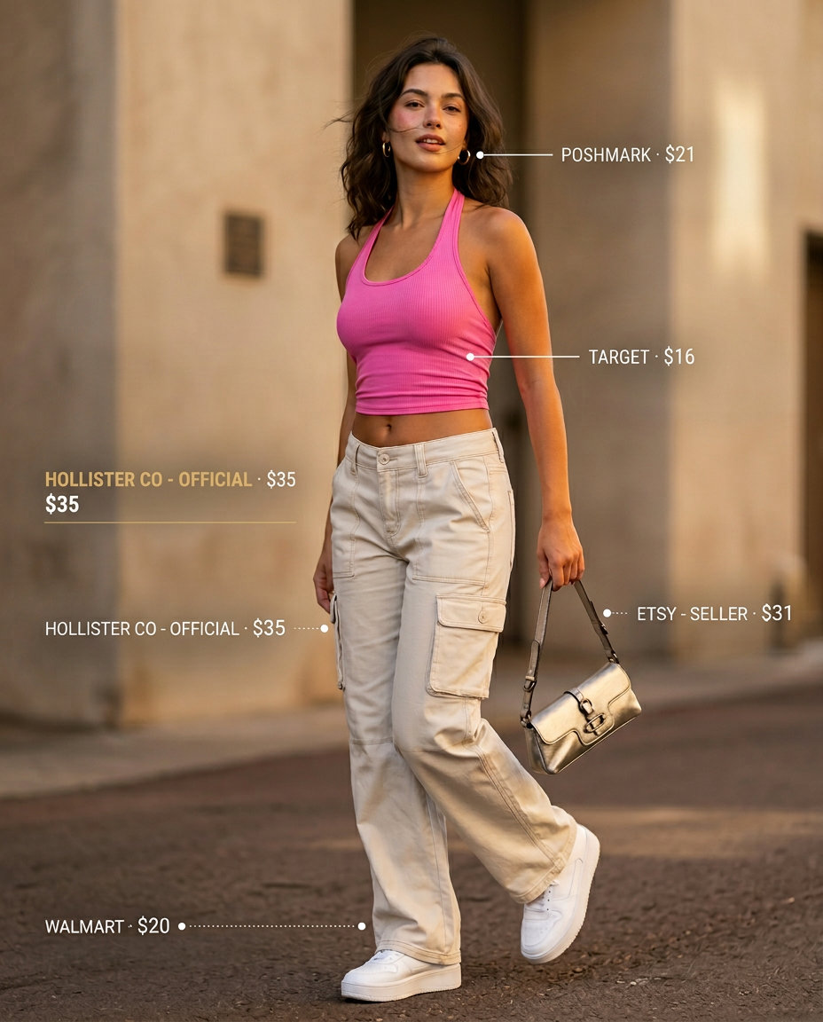 Festival outfits 2026: Low-waist cargo trousers, hot pink crop top, platform sneakers, and mini bag.