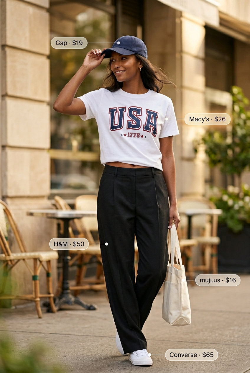 Casual cool summer outfit: graphic tee, baseball cap, canvas tote, and versatile trousers. Perfect for weekend errands.