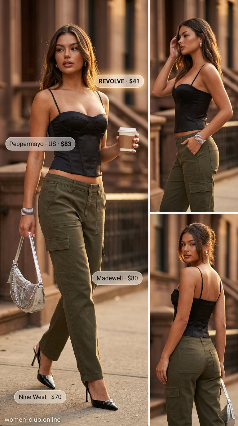 Edgy city utility trousers: olive cargo pants, black corset top, silver crossbody bag, and pointed heels. Modern style.
