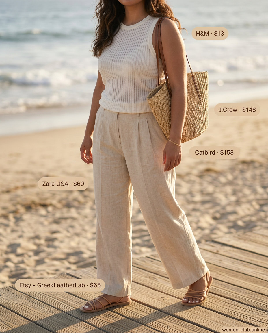 Effortless summer style with natural beige linen trousers, cream knit top, and straw tote. Perfect for beachside cafes.