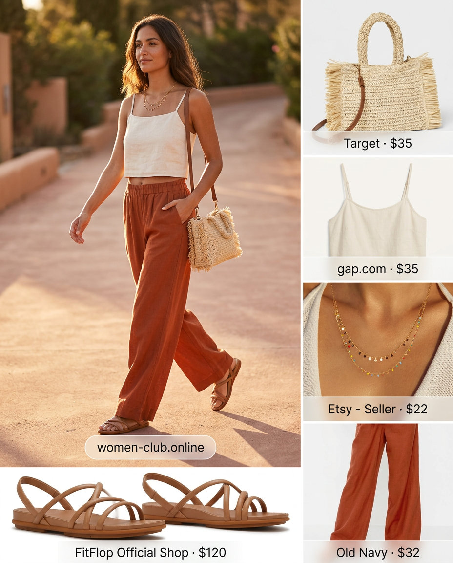Summer vacation outfits 2026: Terracotta linen trousers, cream camisole, straw bag, and flat sandals for a relaxed vibe.