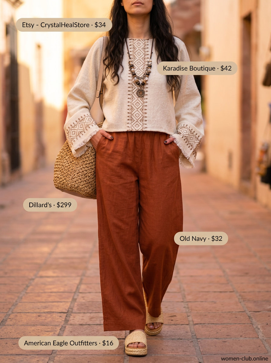 Boho summer outfits 2026: Terracotta linen trousers, cream peasant blouse, espadrilles, and layered necklaces.