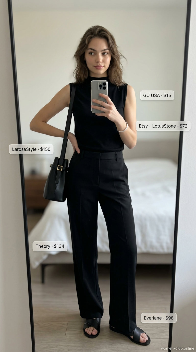 Minimalist outfits 2026: Black tailored trousers, mock-neck top, flat sandals, and leather tote for a sophisticated look.
