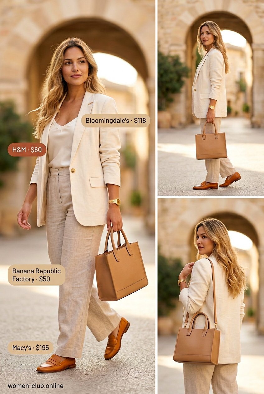Sophisticated monochrome linen suit: cream trousers, blazer, ivory camisole, and leather loafers. Smart casual event style.