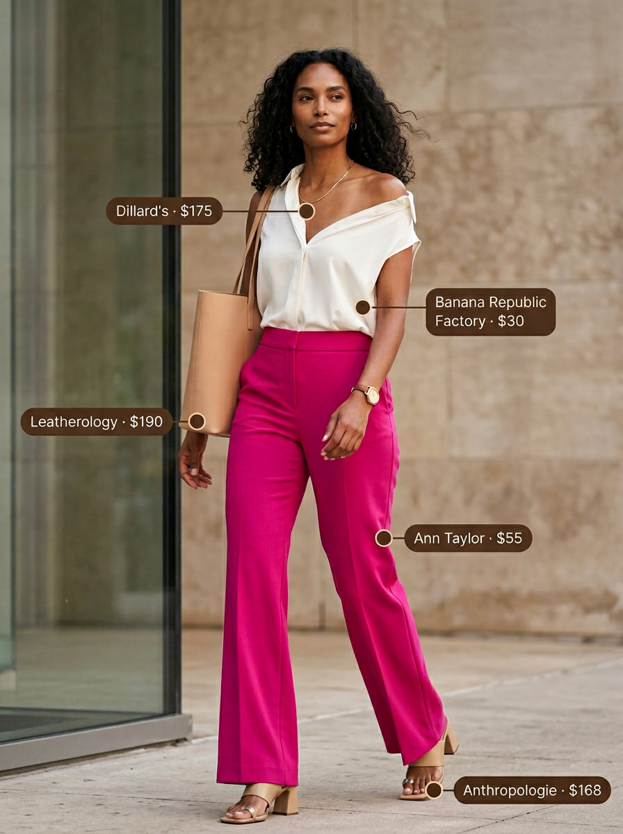 Polished summer office look: coral linen trousers, white silk blouse, nude mules, and structured tote. Business casual.