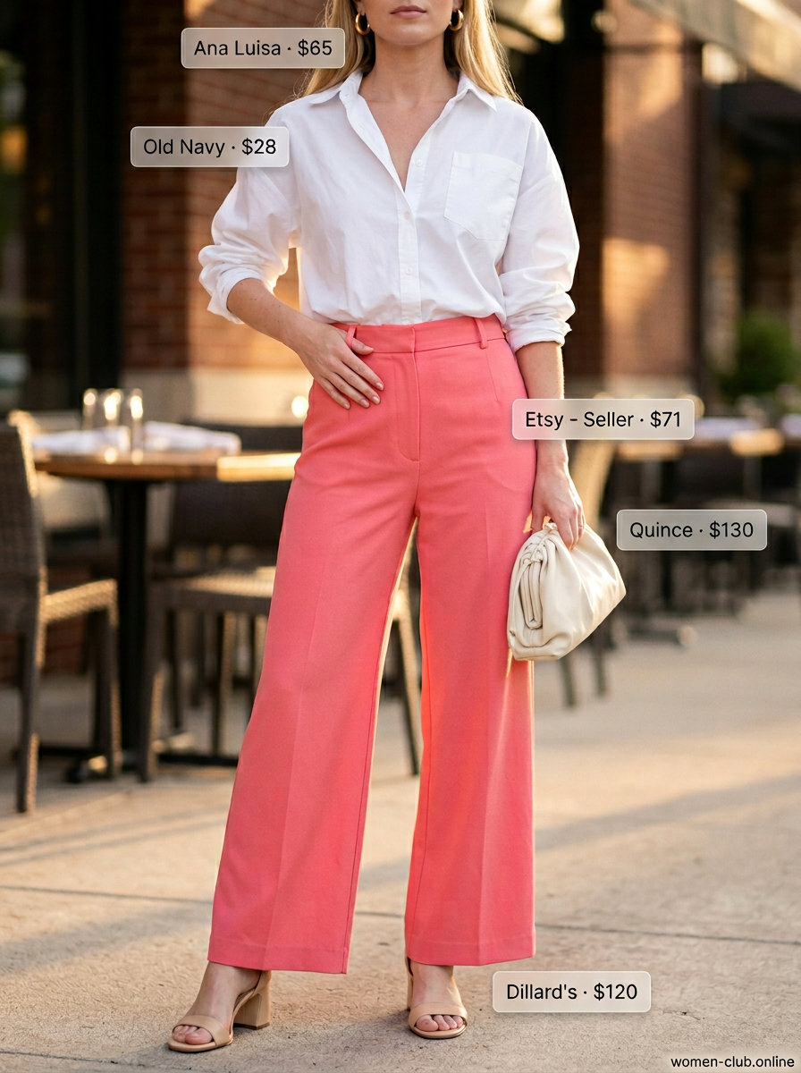 Summer party outfits 2026: Coral palazzo trousers, white shirt, block heels, and gold earrings for a chic evening.