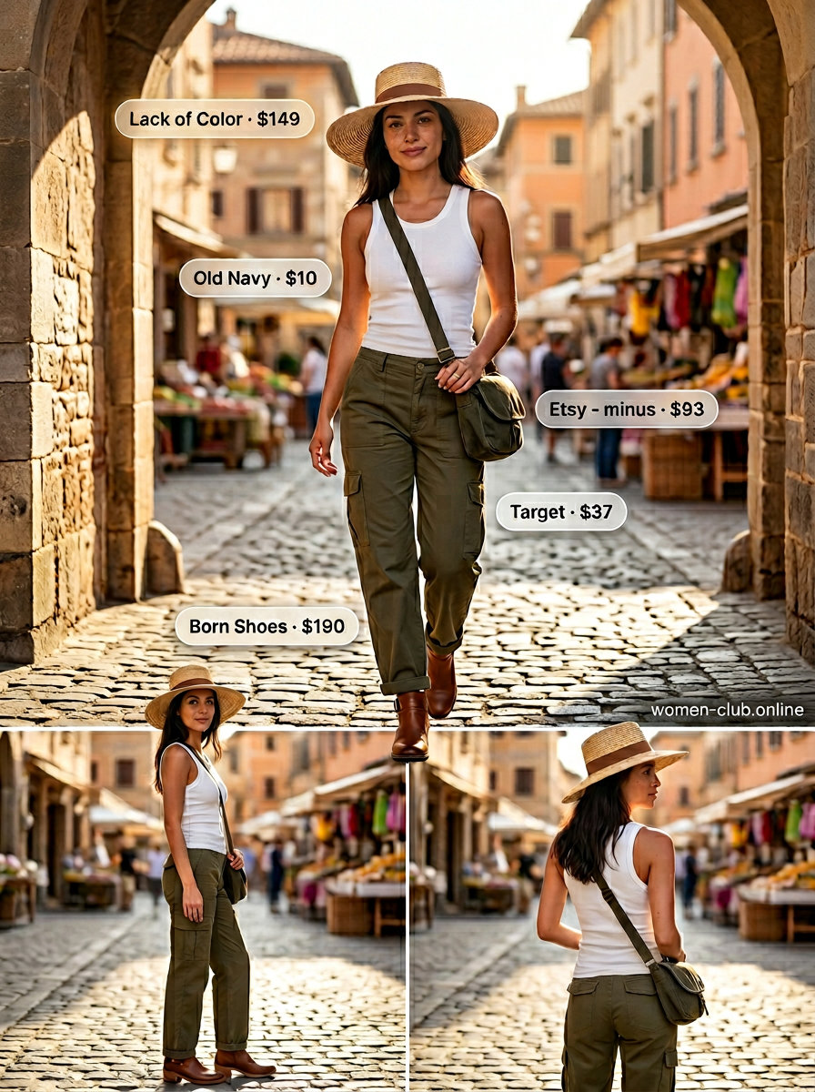 Adventure outfits 2026: Khaki utility trousers, white tank, ankle boots, and straw hat for outdoor exploration.