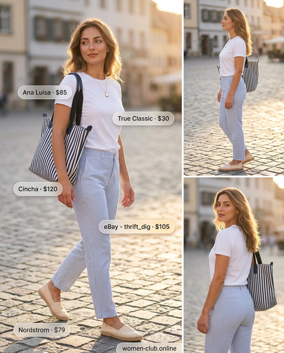 Preppy summer look: seersucker trousers, white t-shirt, canvas tote, and espadrille flats. Perfect for picnics.