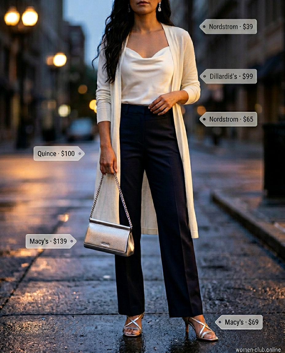 Elegant evening outfits 2026: Navy low-waist trousers, ivory camisole, silver heels, and clutch for cocktail hour.