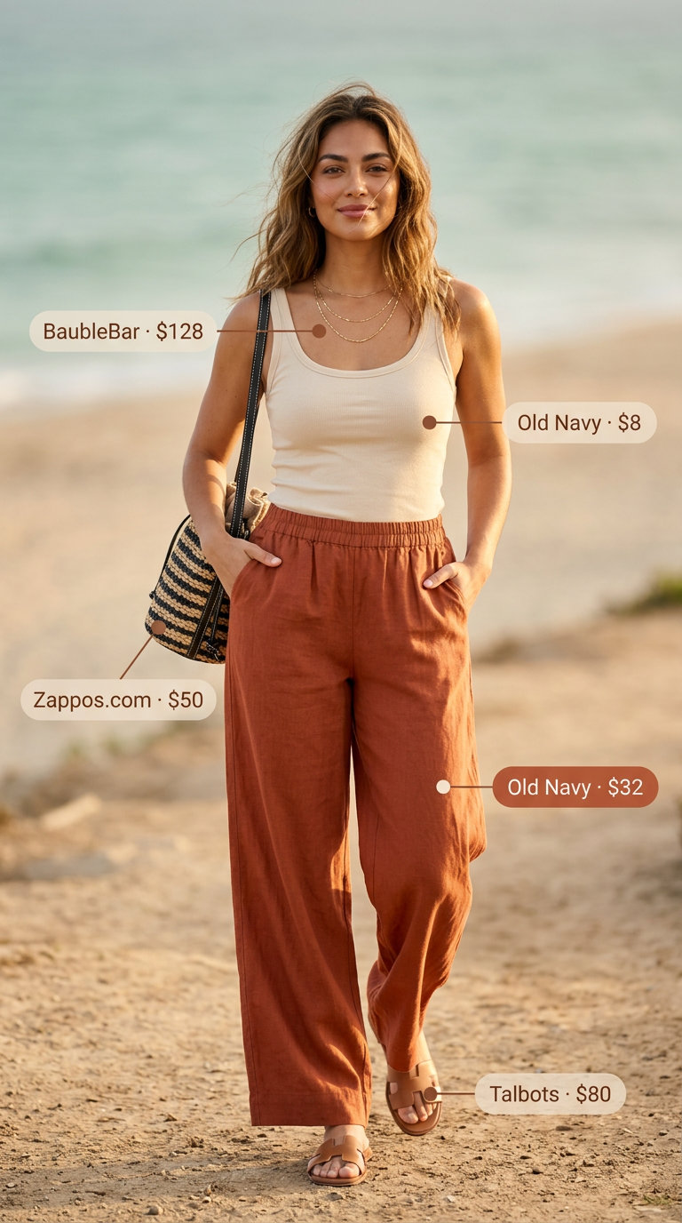 Relaxed summer style: terracotta linen trousers, cream ribbed tank, straw crossbody, and flat sandals. Casual outing look.