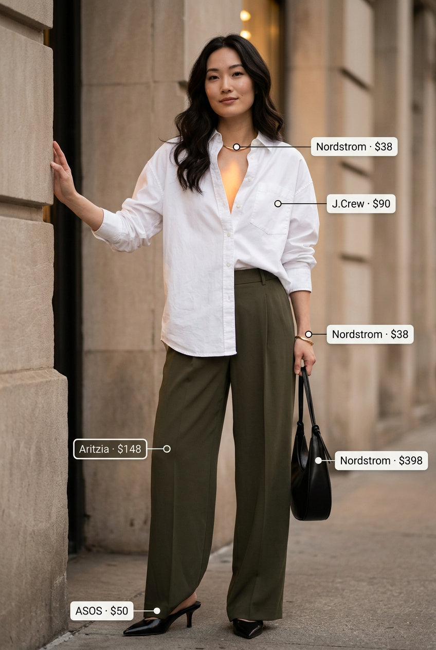 Urban summer evening style: olive low-waist trousers, oversized white shirt, heeled mules, and leather shoulder bag.