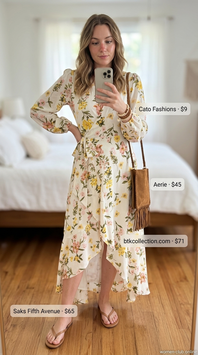 Boho Summer Dream: Floral maxi wrap dress, suede fringe bag, wood bracelets, leather sandals for 2026 festivals.