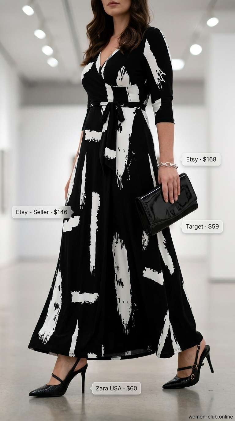 Bold black and white geometric maxi wrap dress outfit 2026 for art gallery openings. Styled with strappy heels.