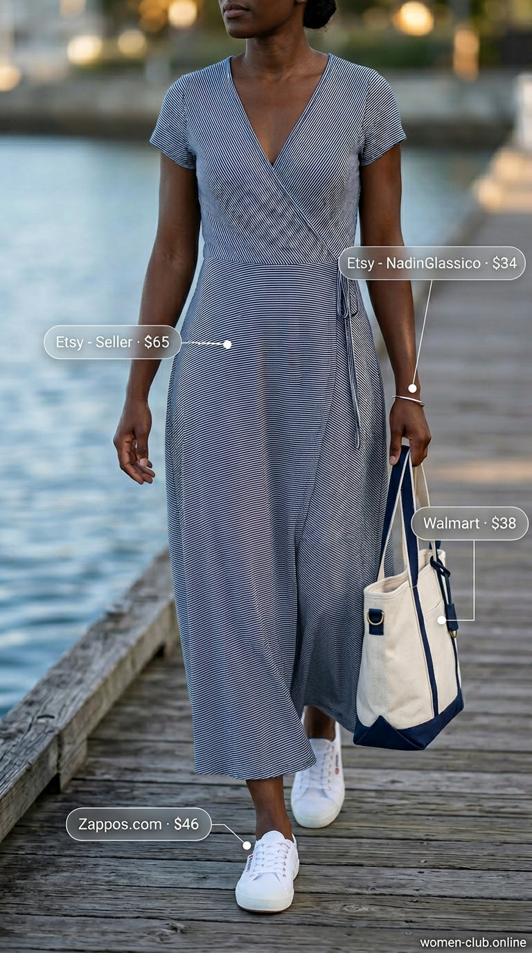 Casual Coastal Cruise: Navy stripe maxi wrap dress, canvas sneakers, tote bag for summer 2026 boat trips.