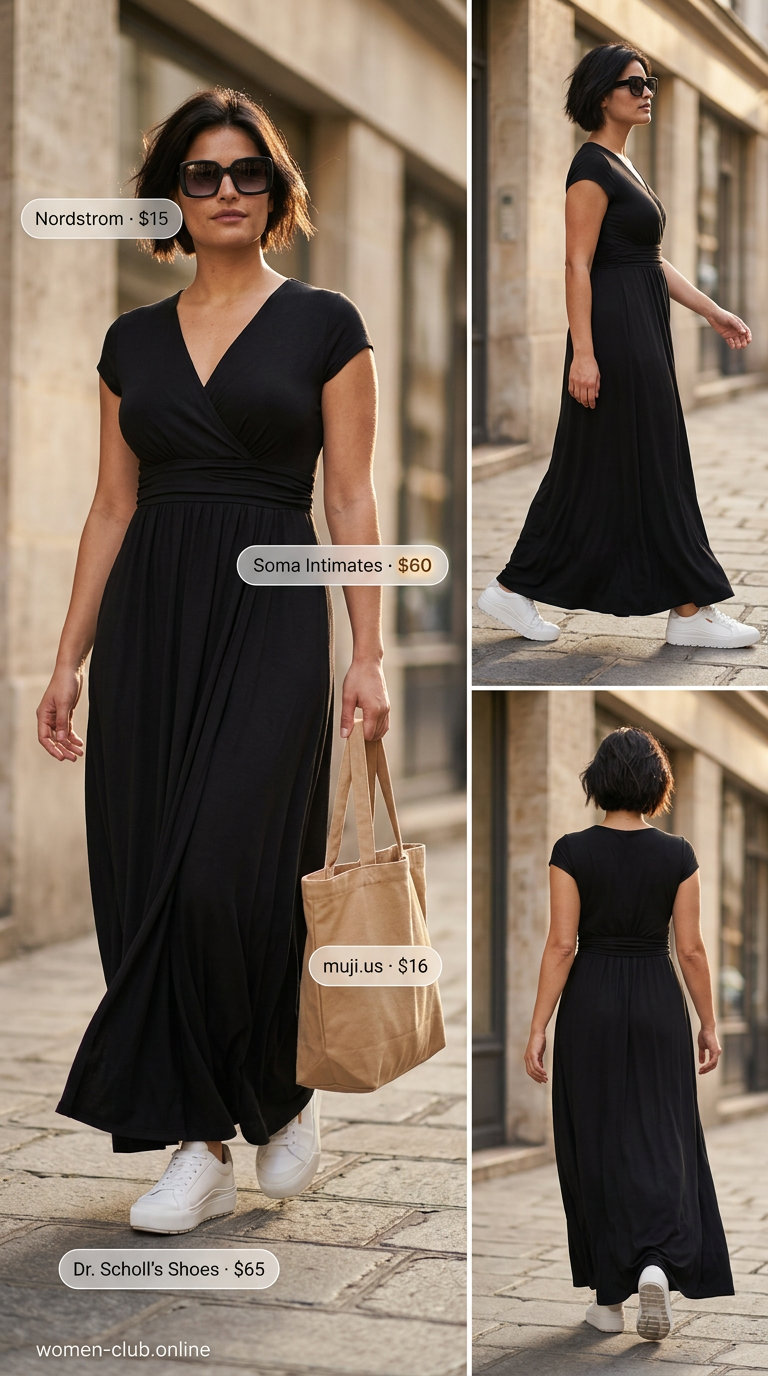 Chic black jersey maxi wrap dress outfit 2026 for city sightseeing. Styled with white sneakers and a tan tote.