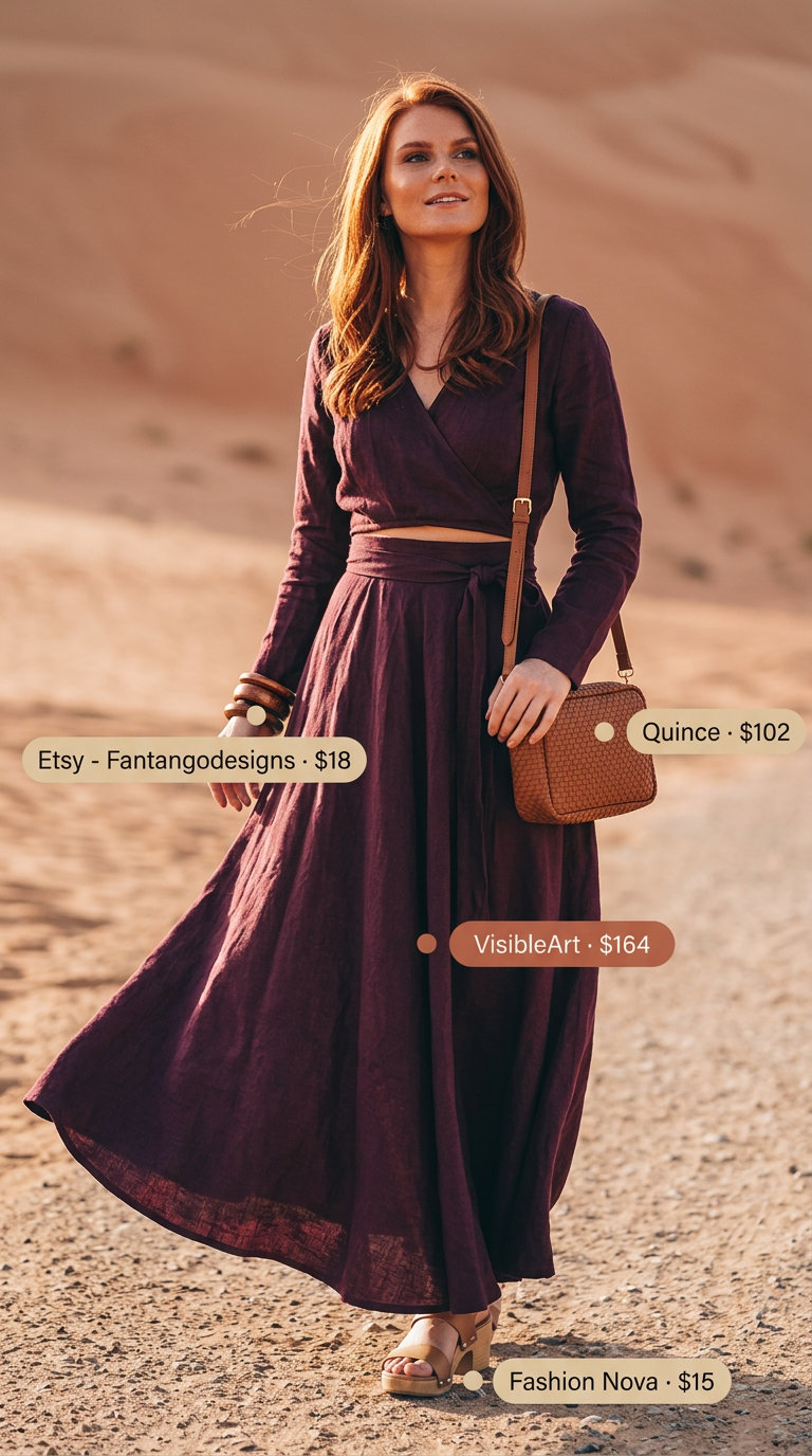 Desert Mirage Maxi: Terracotta wrap dress, wood bangles, strappy sandals, woven bag for summer 2026 festivals.