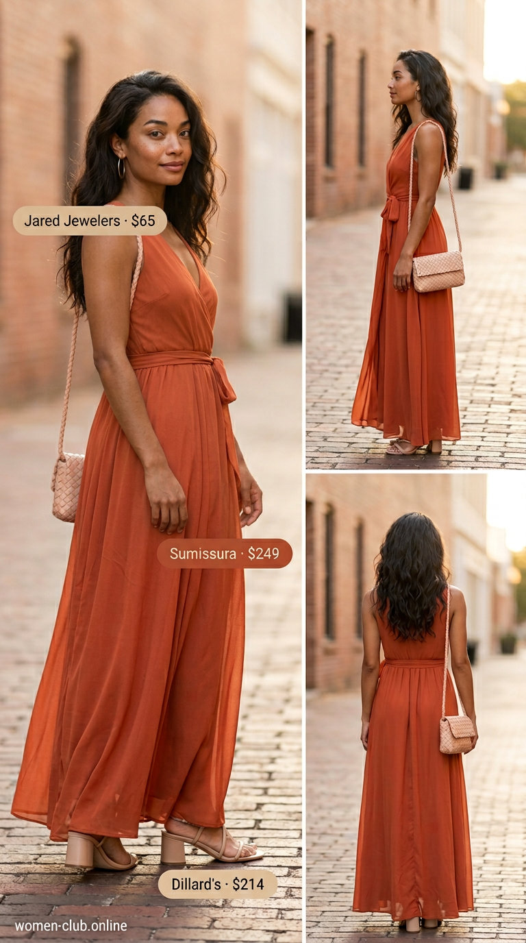 Earthy Summer Glow: Terracotta wrap dress, block heel sandals, woven bag, gold hoops for 2026 brunch.