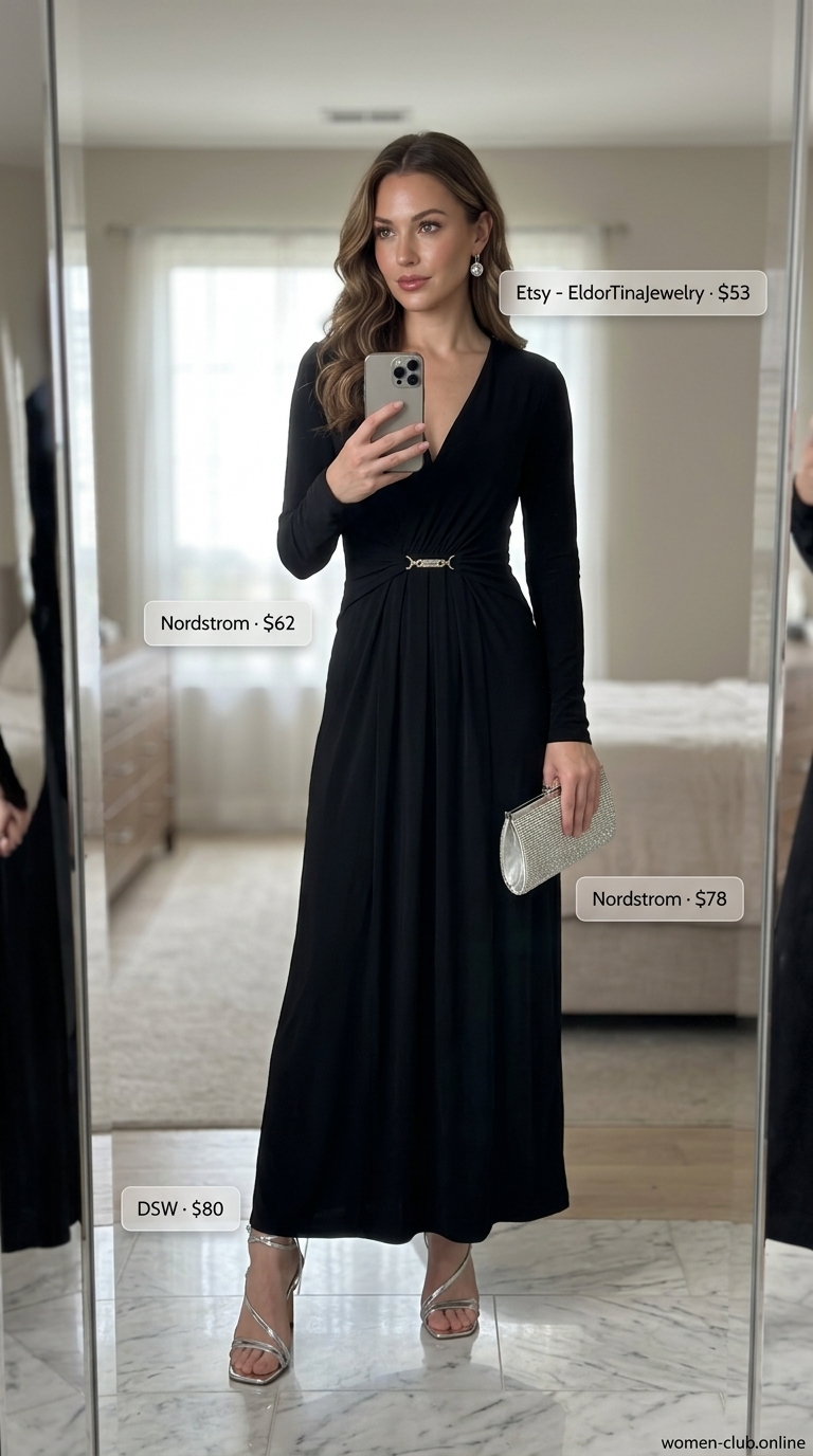 Black maxi wrap dress for an elegant evening event, with silver heels and crystal clutch.