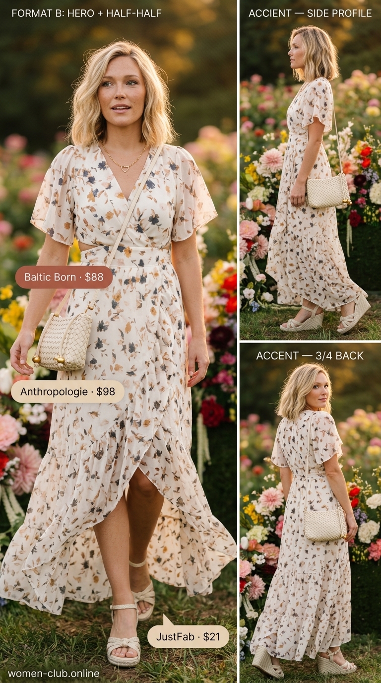 Floral maxi wrap dress outfit for a garden party, with woven crossbody and espadrilles.