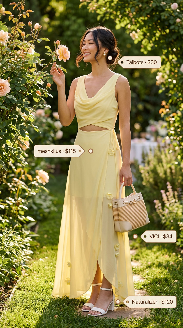 Pastel yellow floral maxi wrap dress for a garden party, with straw top-handle bag and white block heels.