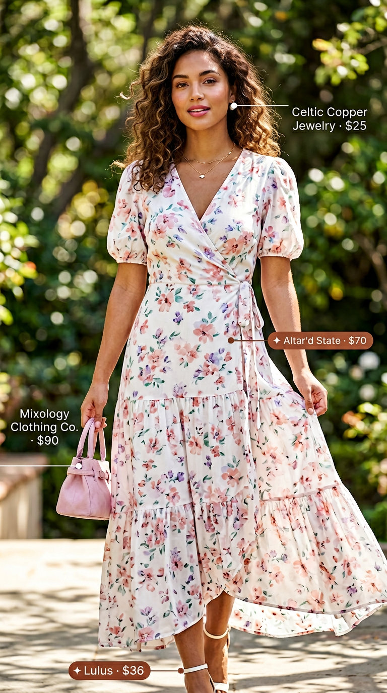 Pastel floral maxi wrap dress outfit for a garden party, paired with blush pink bag and white block heels.