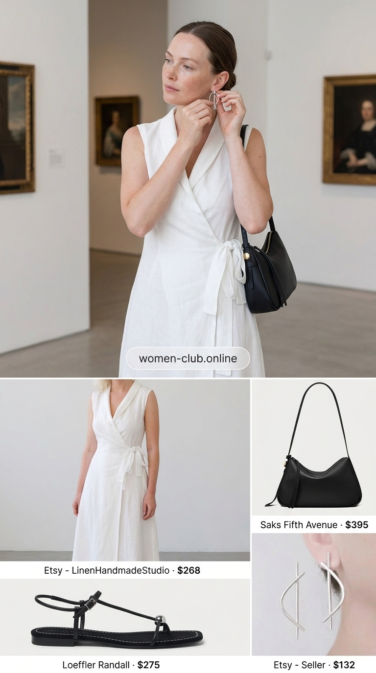 White linen maxi wrap dress outfit 2026 for art gallery visits. Styled with black sandals and silver earrings.