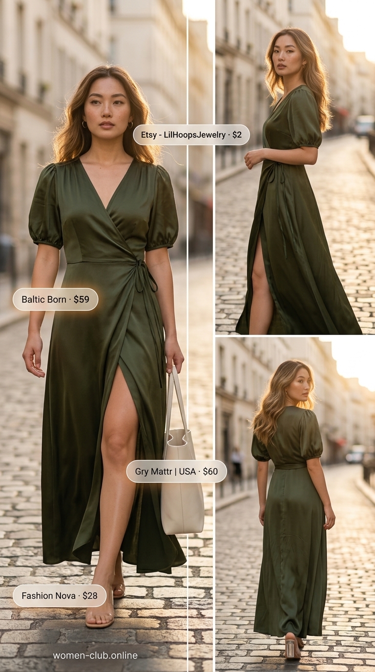 Olive green maxi wrap dress for a minimalist chic look, with cream tote and block heel mules.