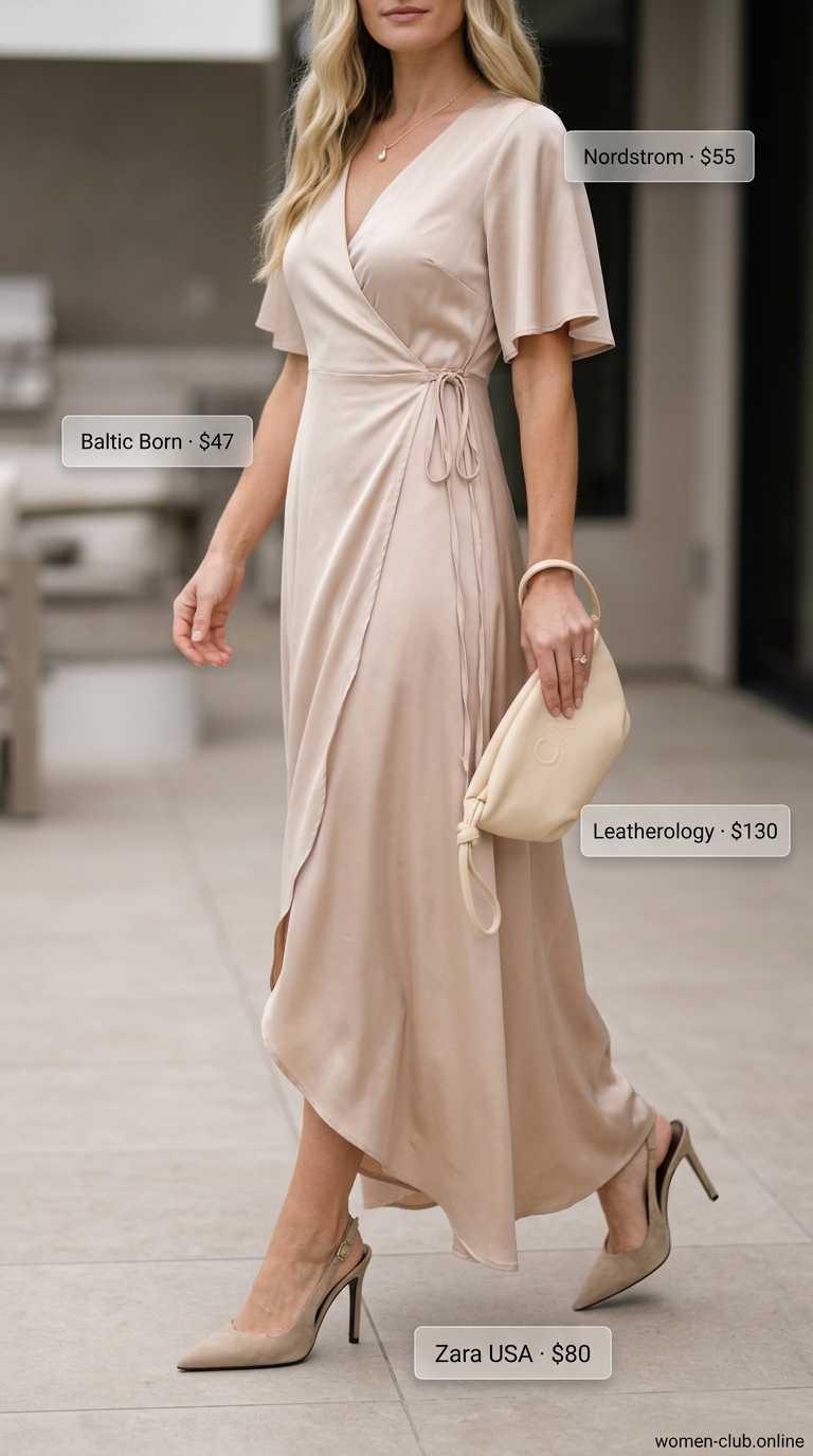 Cream tencel maxi wrap dress outfit 2026 for elegant lunch. Styled with nude heels and beige clutch.